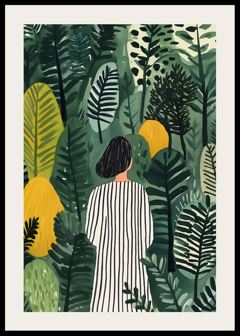 Egy csíkos ruhás nő a sűrű növényzetet fedezi fel-12