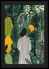 Egy csíkos ruhás nő a sűrű növényzetet fedezi fel-4