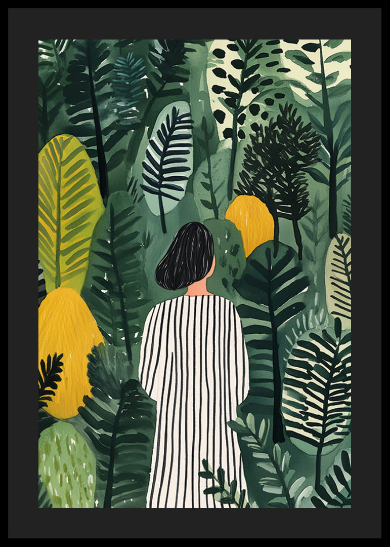 Egy csíkos ruhás nő a sűrű növényzetet fedezi fel-12