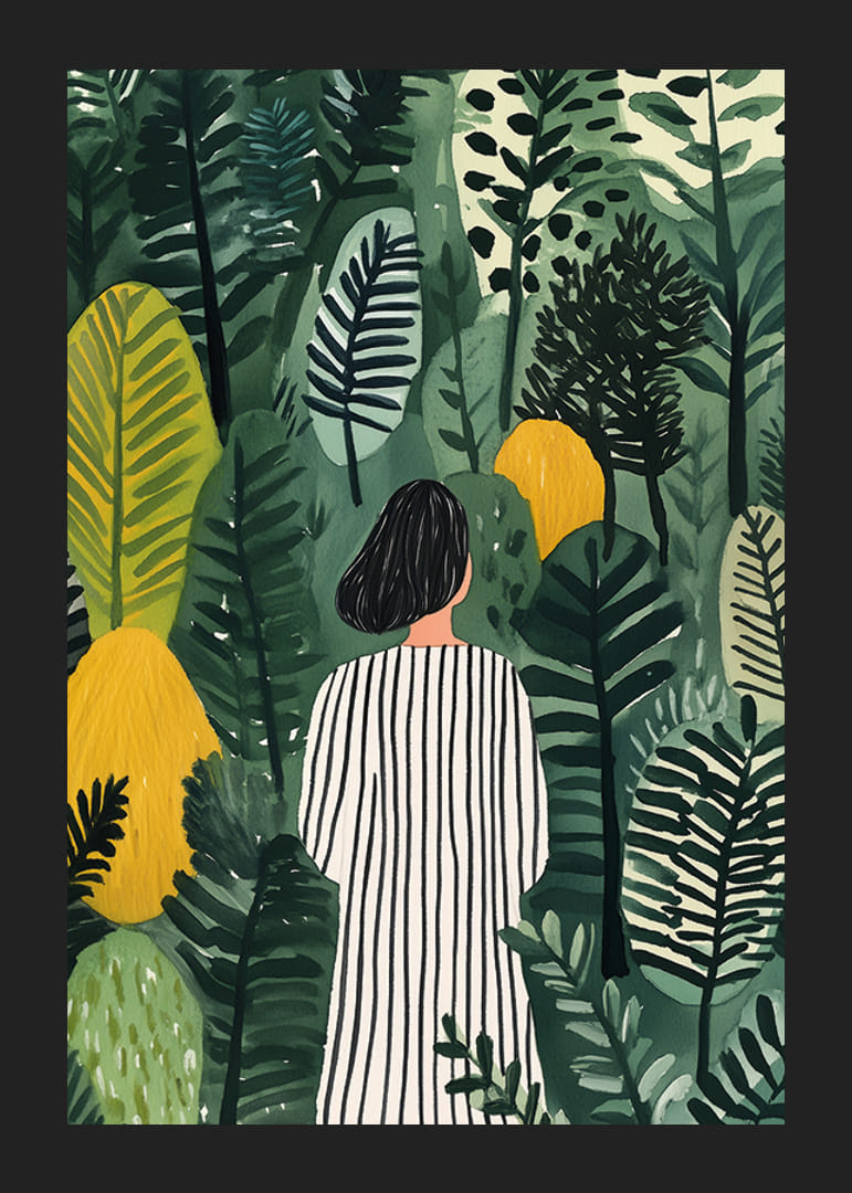 Egy csíkos ruhás nő a sűrű növényzetet fedezi fel-12