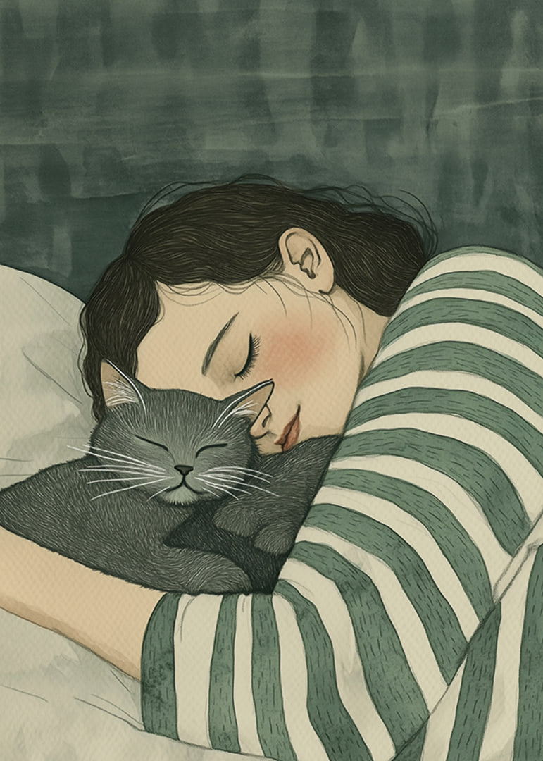 A warm hug between human and cat in dreamy rest-12