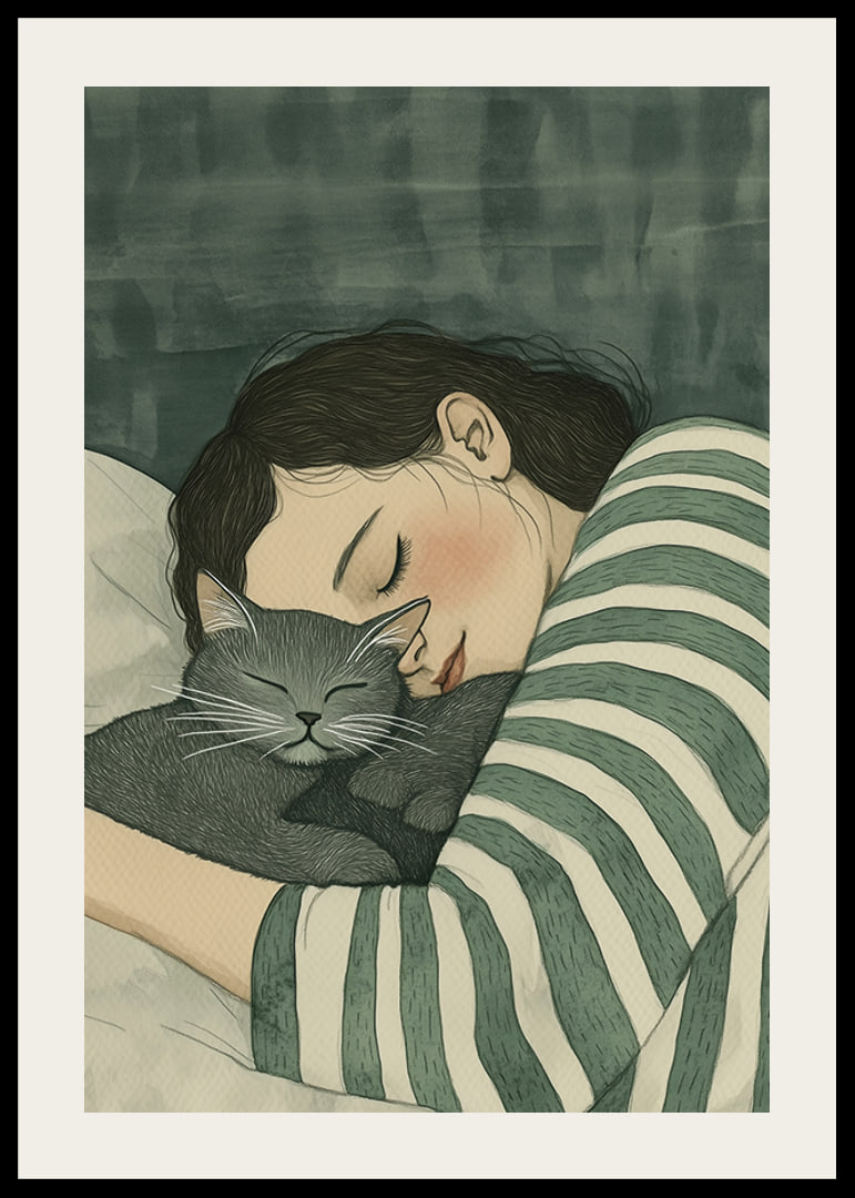 A warm hug between human and cat in dreamy rest-12