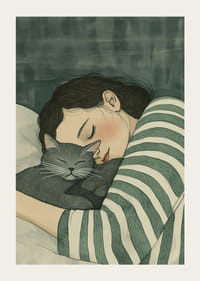 Un cálido abrazo entre humano y gato en un descanso de ensueño.-3