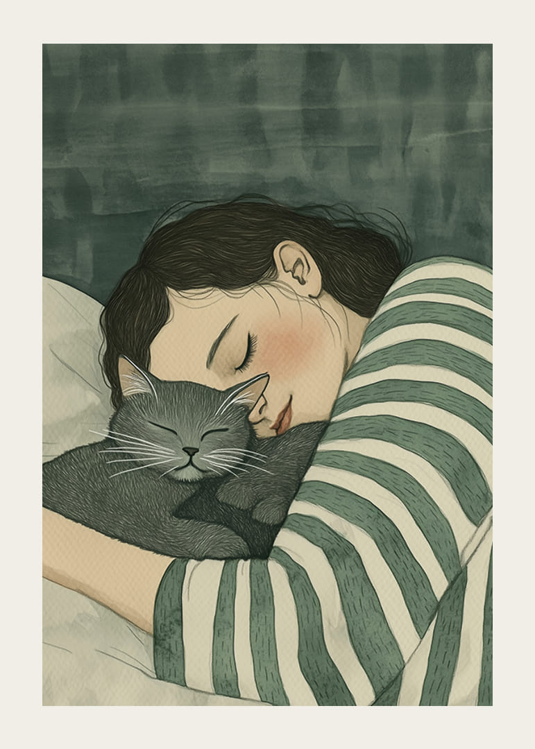 Un cálido abrazo entre humano y gato en un descanso de ensueño.-12