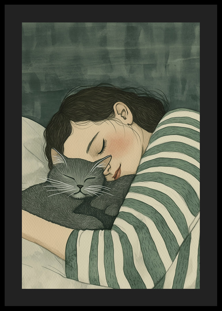 A warm hug between human and cat in dreamy rest-12