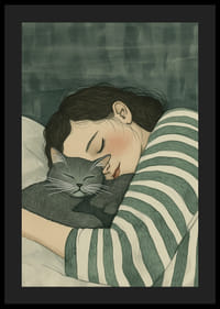 Un cálido abrazo entre humano y gato en un descanso de ensueño.-4