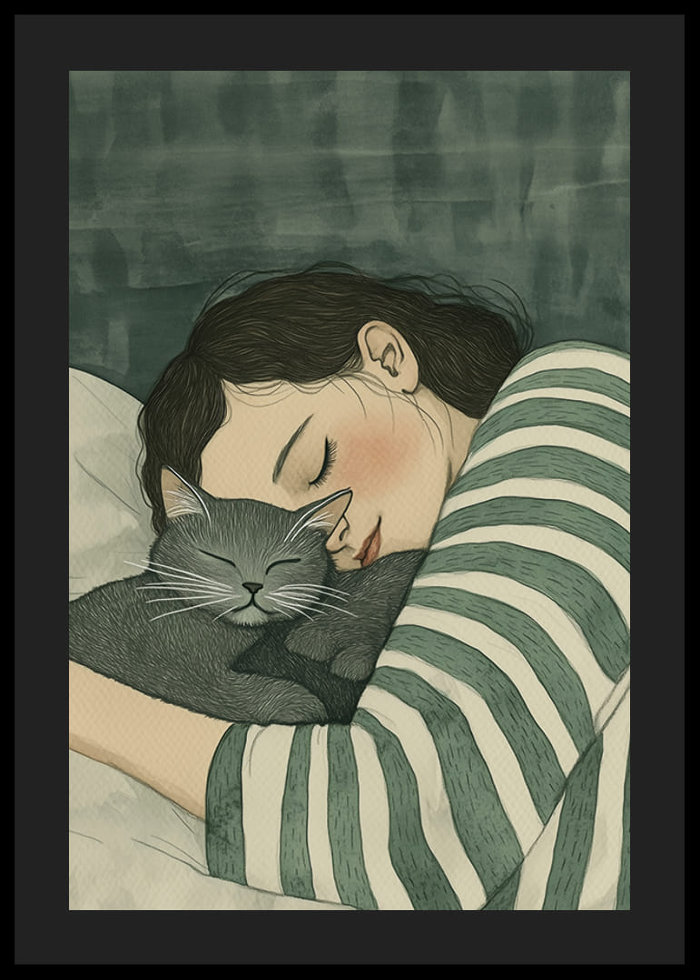 Un cálido abrazo entre humano y gato en un descanso de ensueño.-12