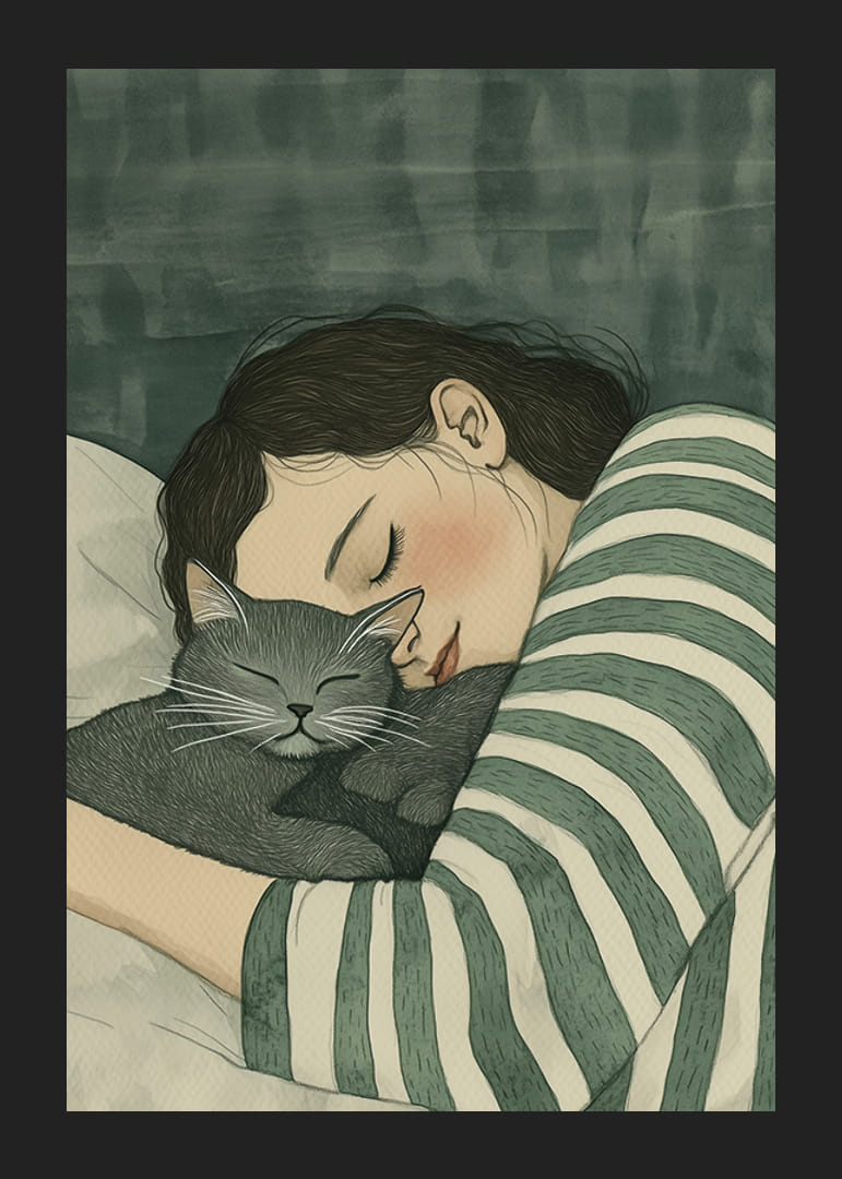 Un cálido abrazo entre humano y gato en un descanso de ensueño.-12