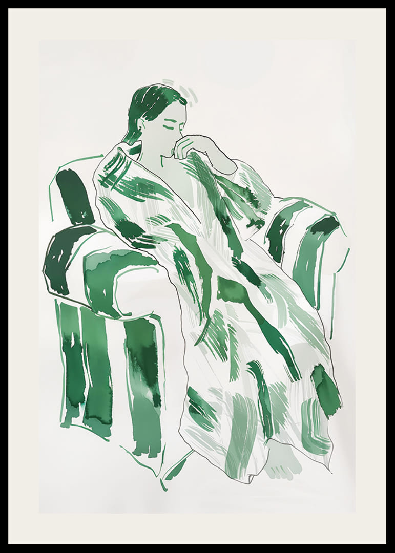 Egy nő zöld harmóniában, nyugodtan egy fotelba süllyedve-12