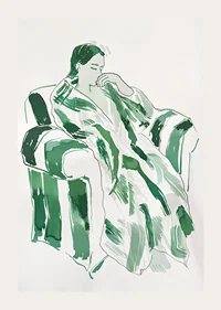 A woman in green harmony, calmly sunk in an armchair-3