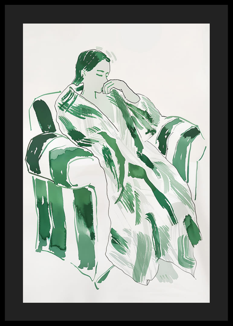 Egy nő zöld harmóniában, nyugodtan egy fotelba süllyedve-12