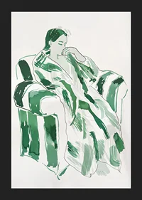 A woman in green harmony, calmly sunk in an armchair-5