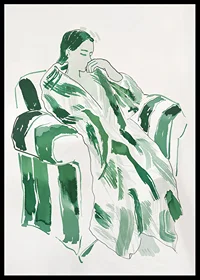 A woman in green harmony, calmly sunk in an armchair-6