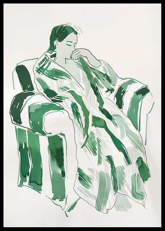 A woman in green harmony, calmly sunk in an armchair-12