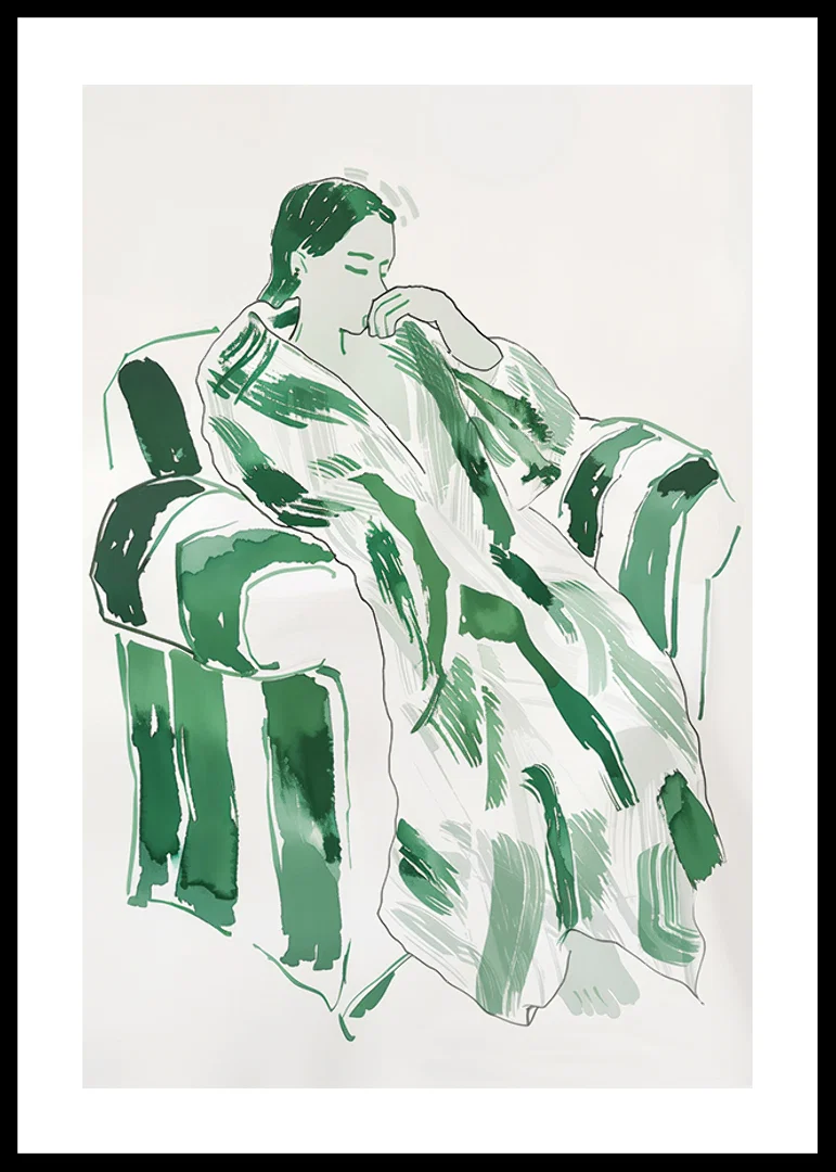 A woman in green harmony, calmly sunk in an armchair-12
