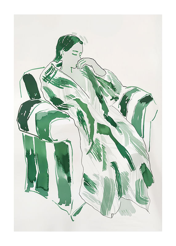 A woman in green harmony, calmly sunk in an armchair-12