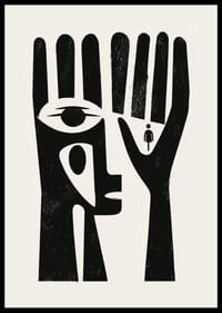 Svartvitt konstverk med ett öga i en hand och en figur av en människa-2