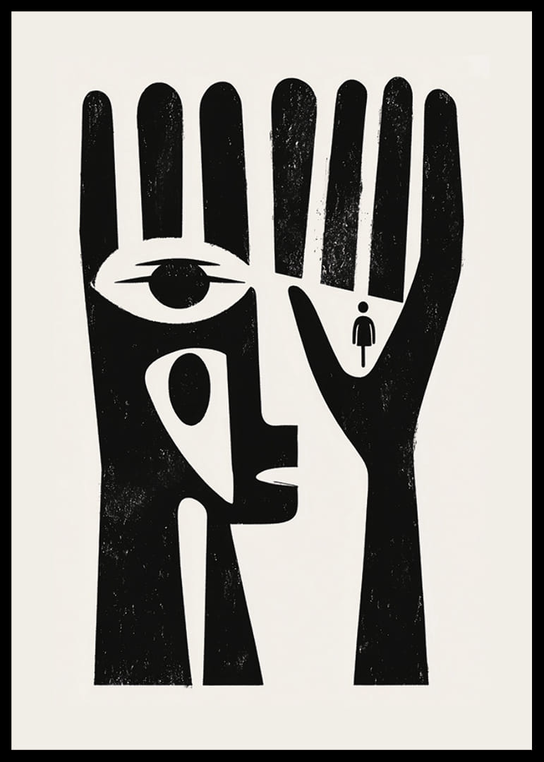 Svartvitt konstverk med ett öga i en hand och en figur av en människa-12
