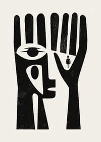 Svartvitt konstverk med ett öga i en hand och en figur av en människa-3