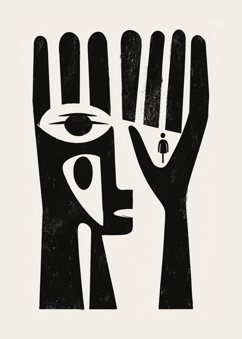 Svartvitt konstverk med ett öga i en hand och en figur av en människa-12