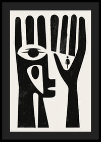 Svartvitt konstverk med ett öga i en hand och en figur av en människa-4