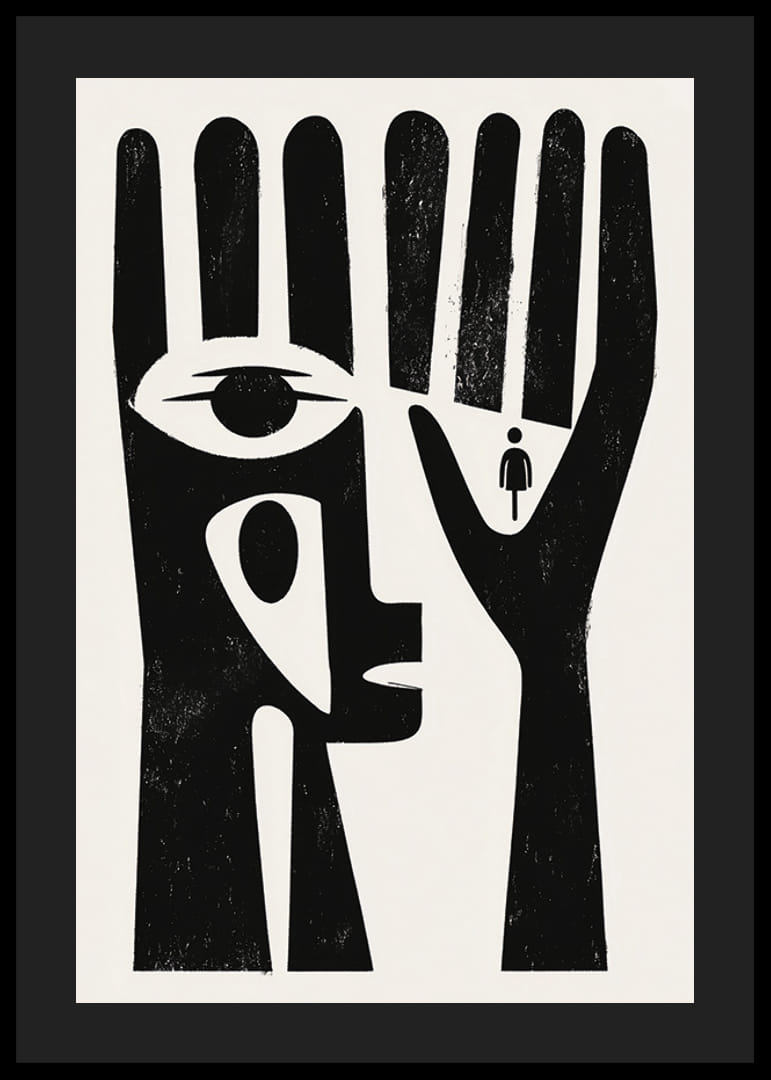 Svartvitt konstverk med ett öga i en hand och en figur av en människa-12