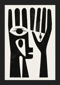 Svartvitt konstverk med ett öga i en hand och en figur av en människa-5