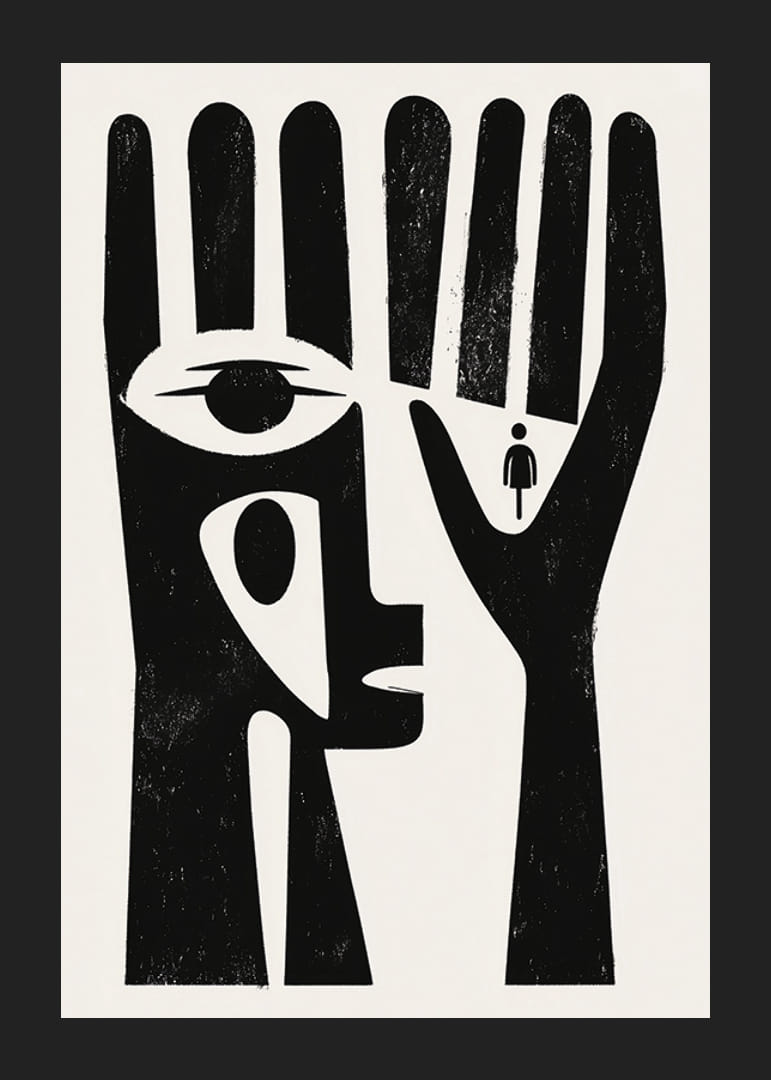 Svartvitt konstverk med ett öga i en hand och en figur av en människa-12