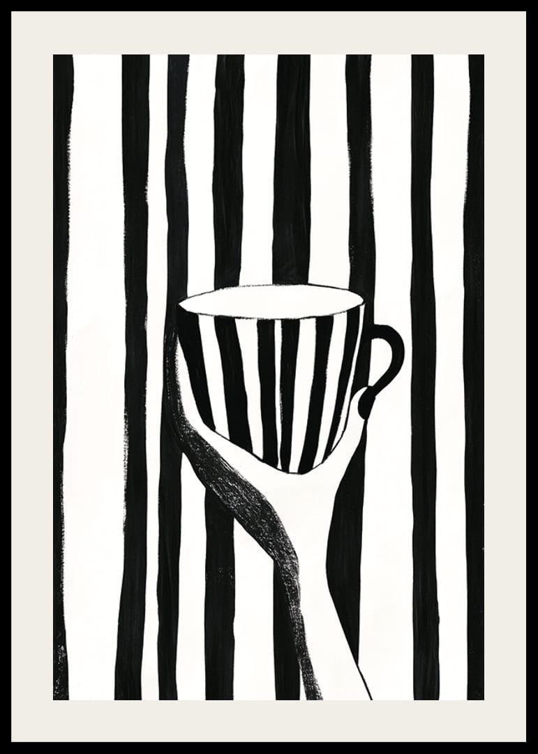 A hand holds a striped cup in black and white pattern-12