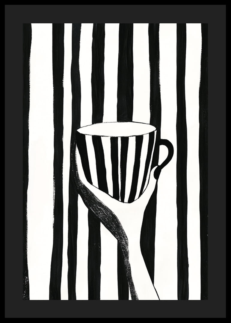 A hand holds a striped cup in black and white pattern-12