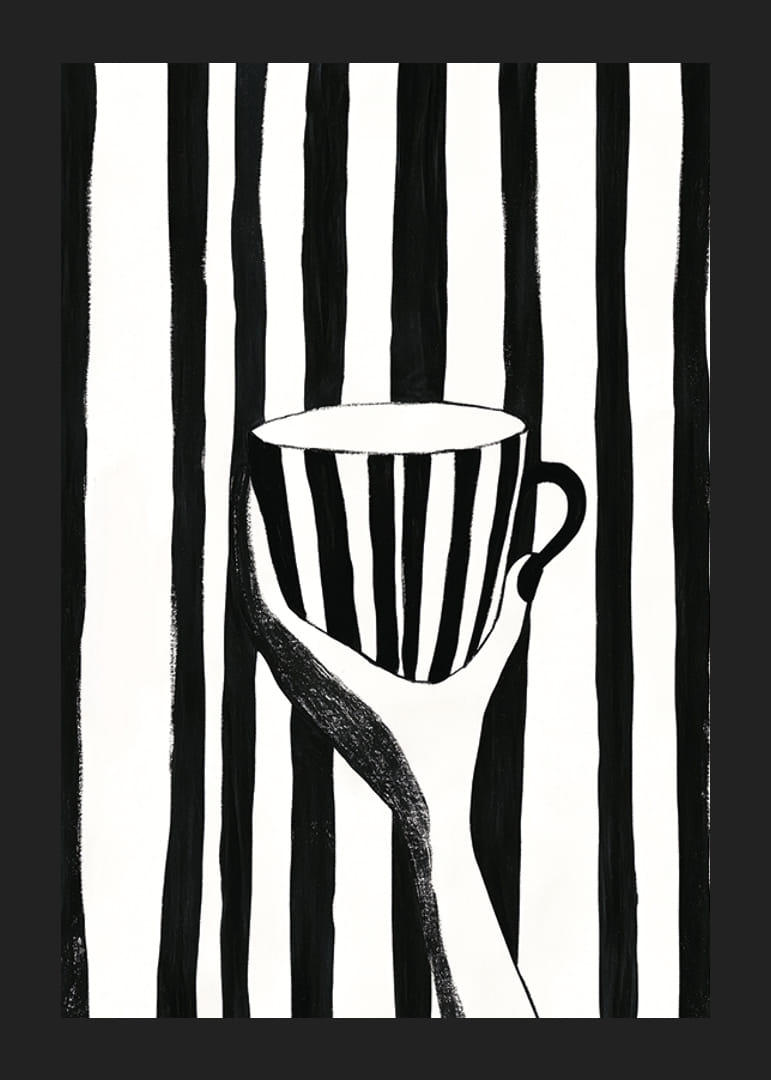 A hand holds a striped cup in black and white pattern-12