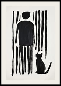 A cat and a person in bold simplicity against black and white stripes-2