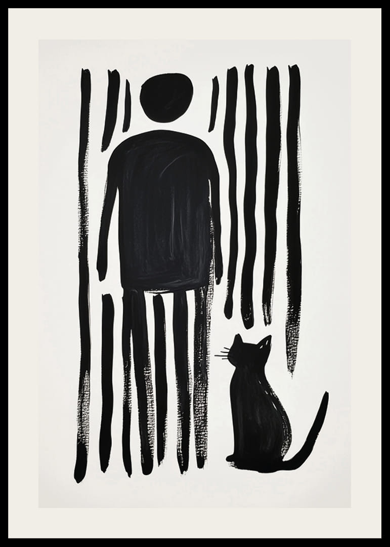 A cat and a person in bold simplicity against black and white stripes-12