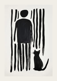 A cat and a person in bold simplicity against black and white stripes-3