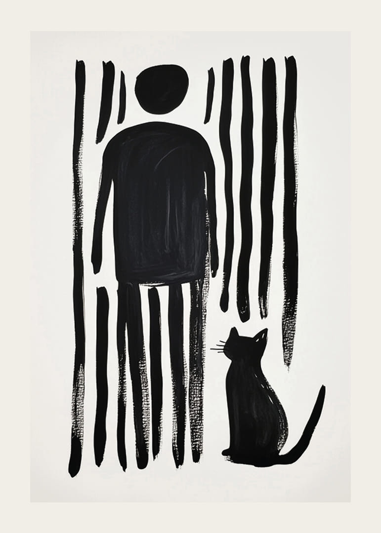 A cat and a person in bold simplicity against black and white stripes-12