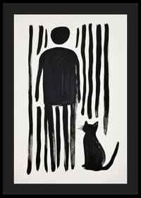 A cat and a person in bold simplicity against black and white stripes-4