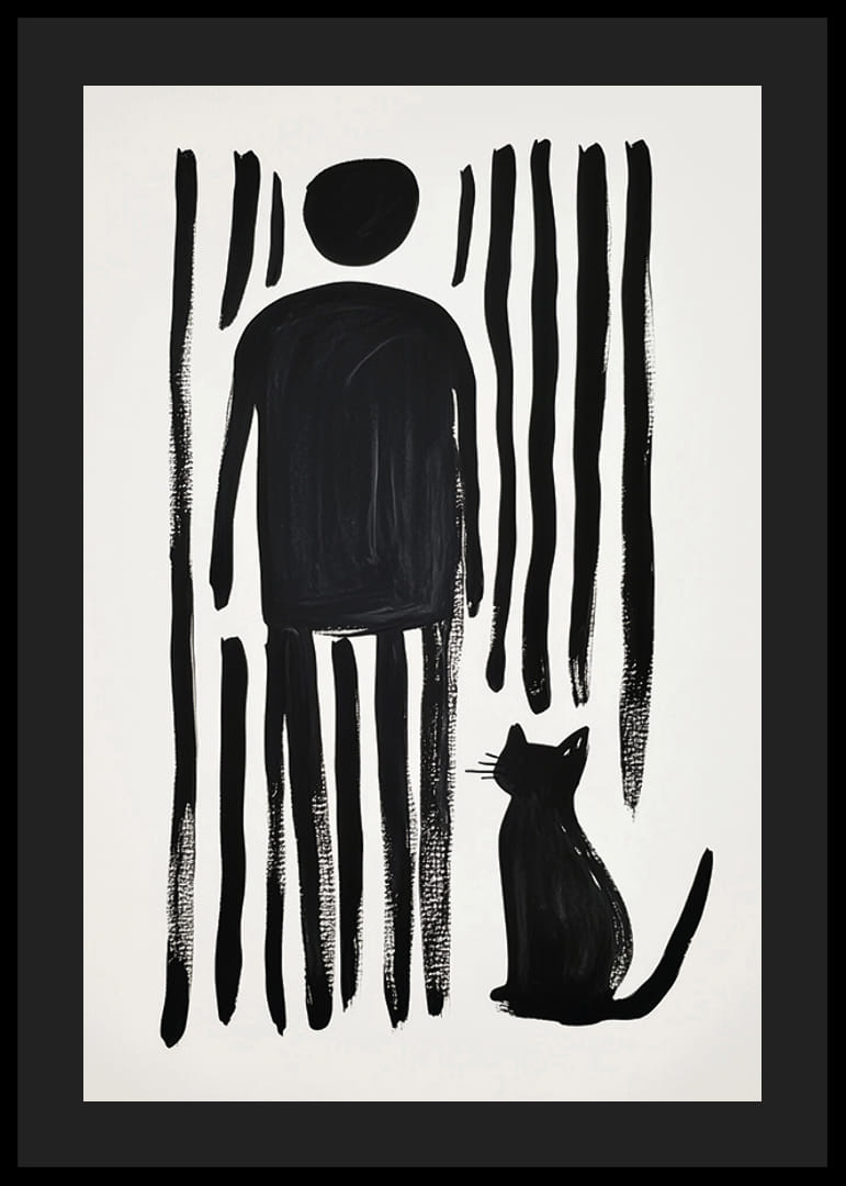 A cat and a person in bold simplicity against black and white stripes-12