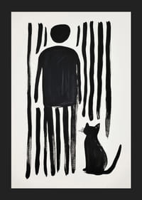A cat and a person in bold simplicity against black and white stripes-5