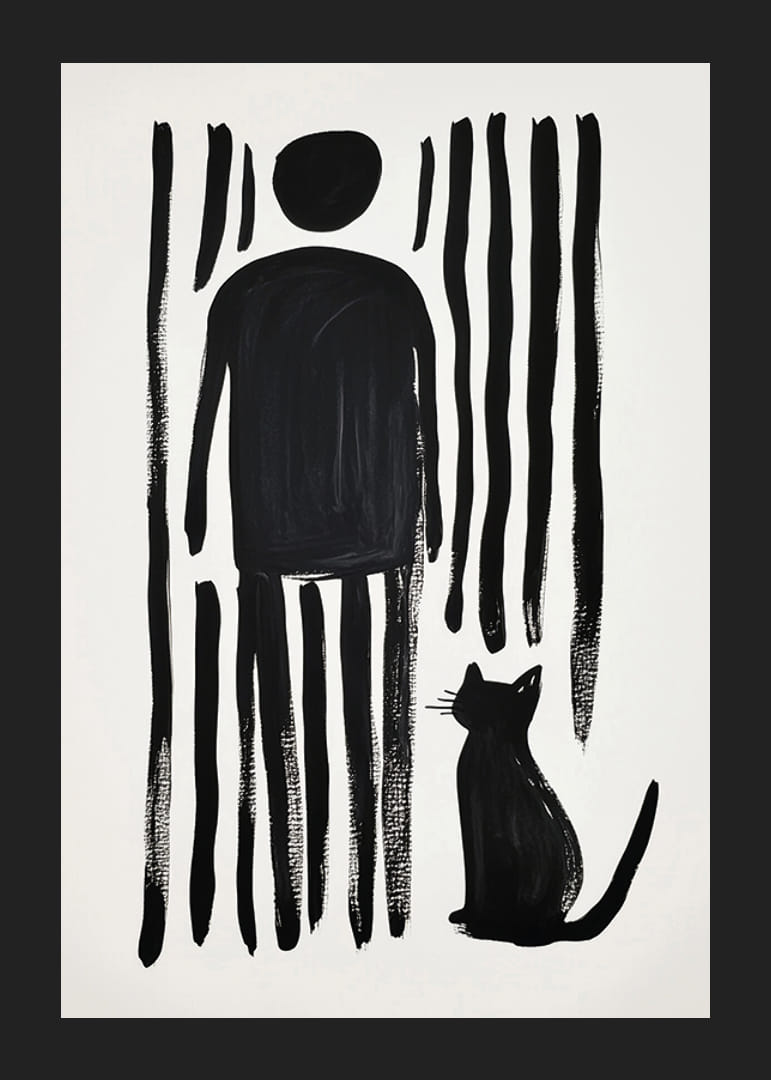 A cat and a person in bold simplicity against black and white stripes-12