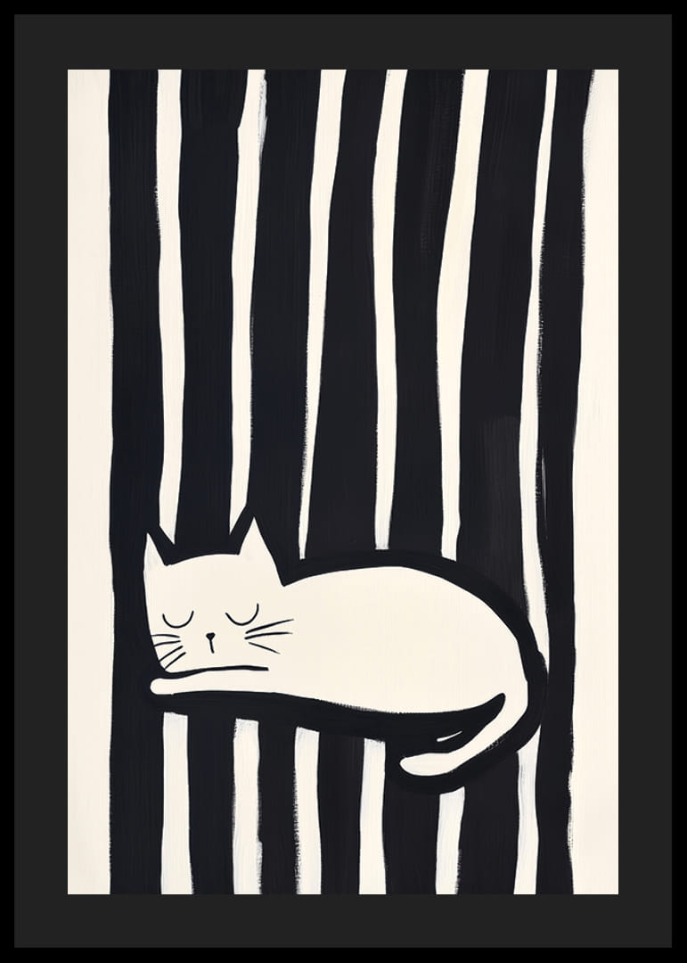A cat sleeps safely among black and white stripes-12