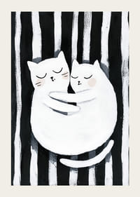 Två katter i en kärleksfull omfamning mot en randig bakgrund-3