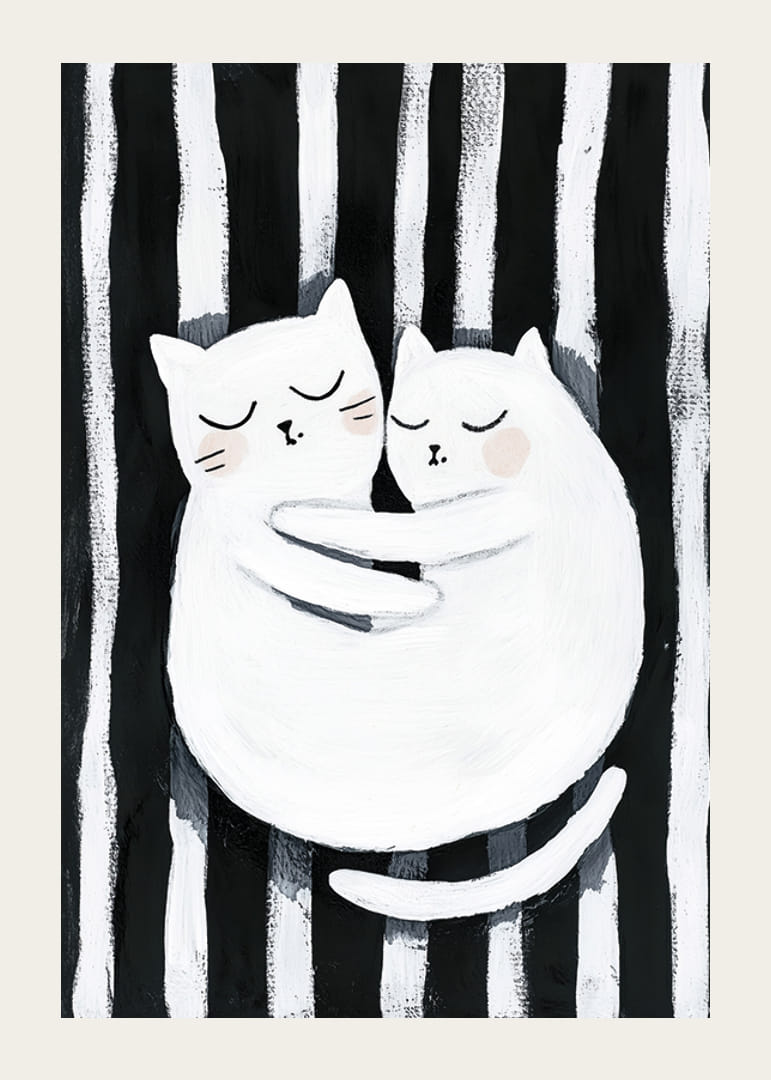 Två katter i en kärleksfull omfamning mot en randig bakgrund-12