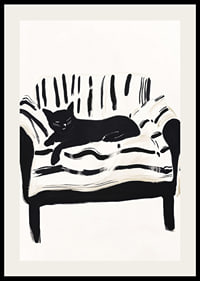 A cat lies calmly on a striped sofa, creating a harmonious feeling-2