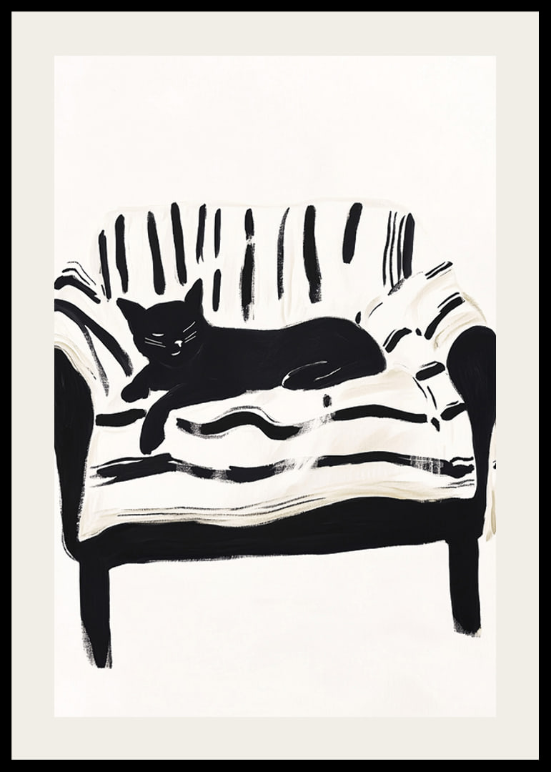 A cat lies calmly on a striped sofa, creating a harmonious feeling-12