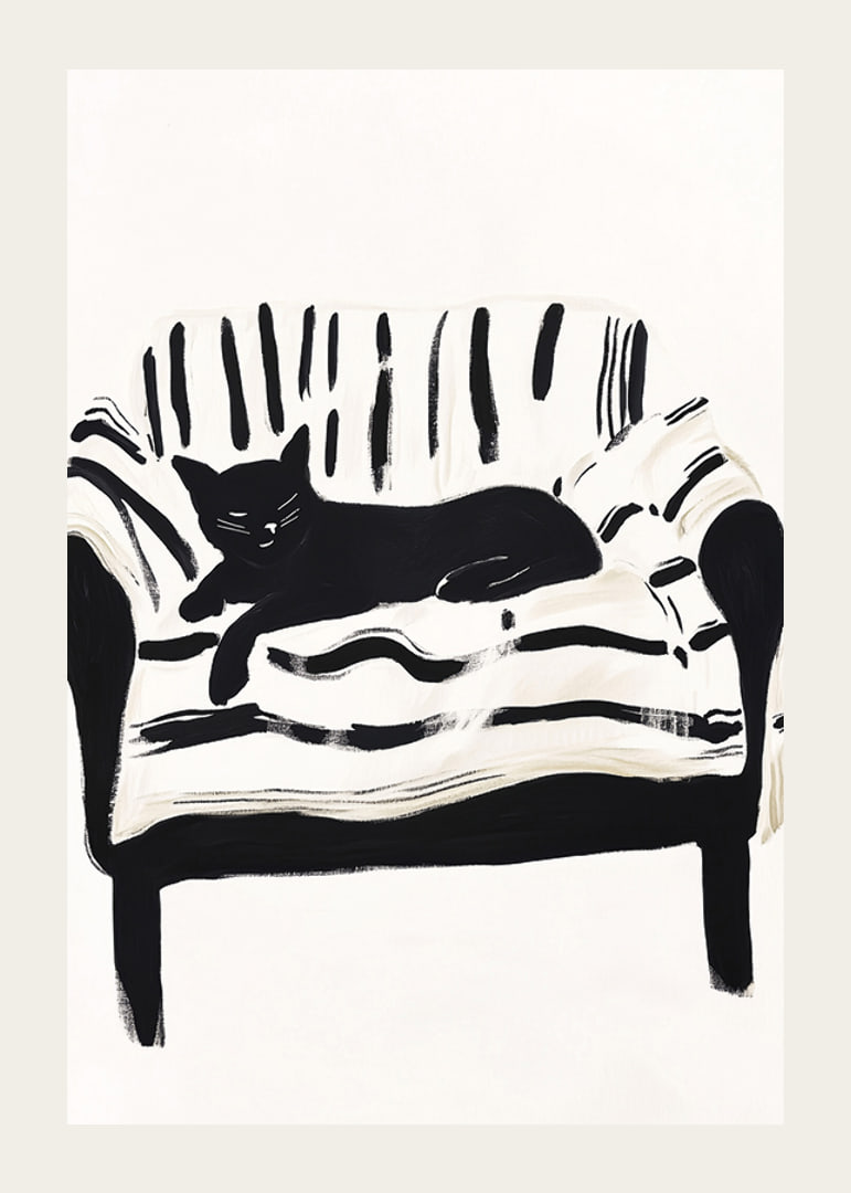 A cat lies calmly on a striped sofa, creating a harmonious feeling-12