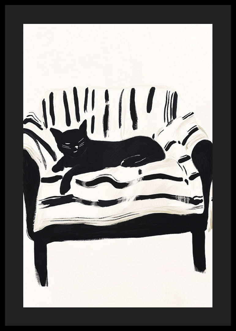 A cat lies calmly on a striped sofa, creating a harmonious feeling-12