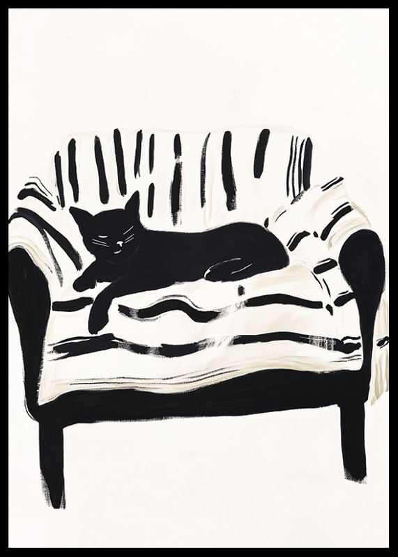 A cat lies calmly on a striped sofa, creating a harmonious feeling-12