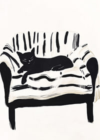 A cat lies calmly on a striped sofa, creating a harmonious feeling-7