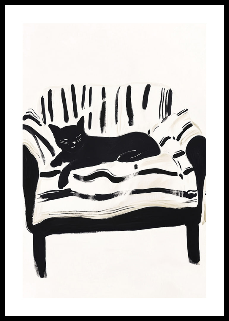 A cat lies calmly on a striped sofa, creating a harmonious feeling-12