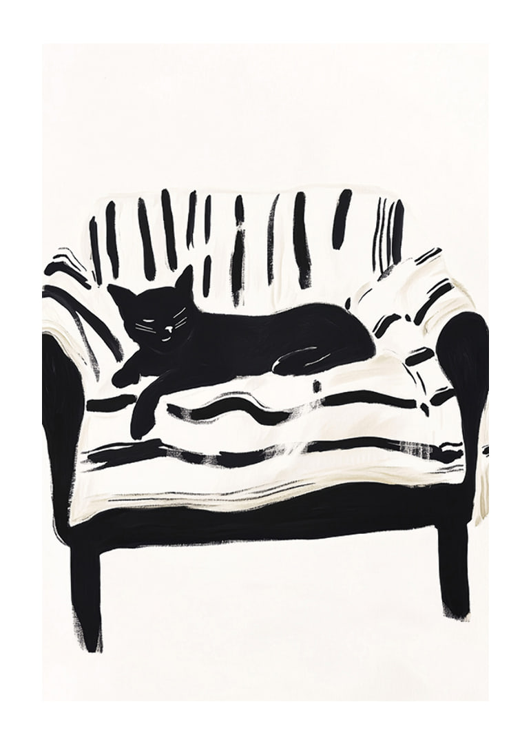 A cat lies calmly on a striped sofa, creating a harmonious feeling-12